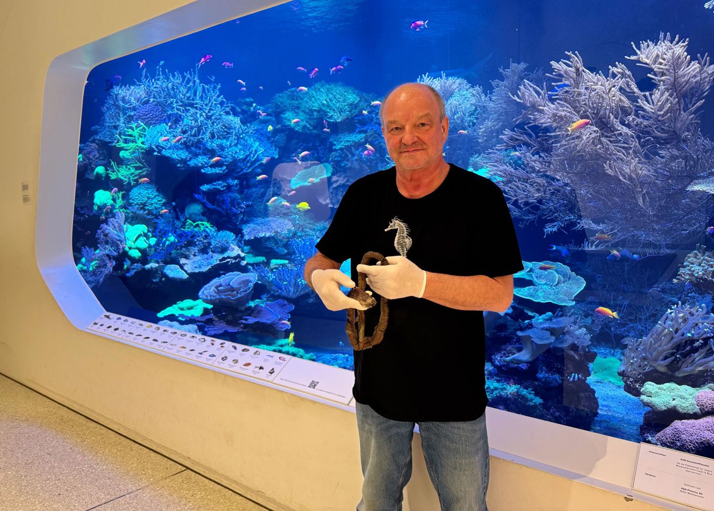 Ein mittelalter Mann in schwarzem T-Shirt hält einen Borstenwurm in den Händen