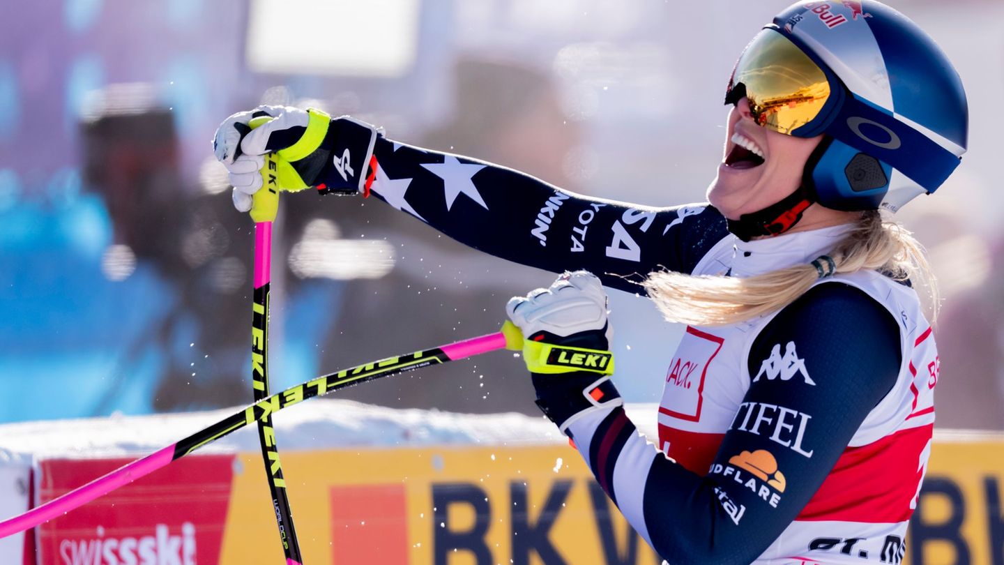 Erleichterung pur: Lindsey Vonn bejubelt ihren insgesamt 83. Weltcup-Sieg. Foto: Claudio Thoma/KEYSTONE/dpa