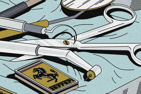 Die Werkzeuge der Zahnärzte: Bohrer, Zahnsonde, Mundspiegel, Sportwagen