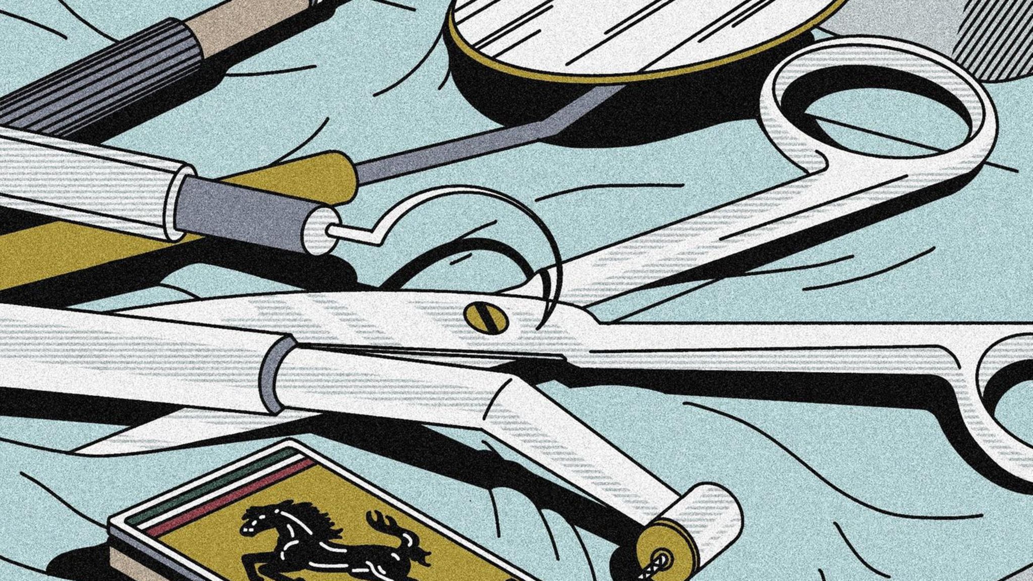 Die Werkzeuge der Zahnärzte: Bohrer, Zahnsonde, Mundspiegel, Sportwagen