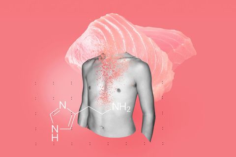 stern-Montage mit Körper, chemischer Formel und Thunfisch