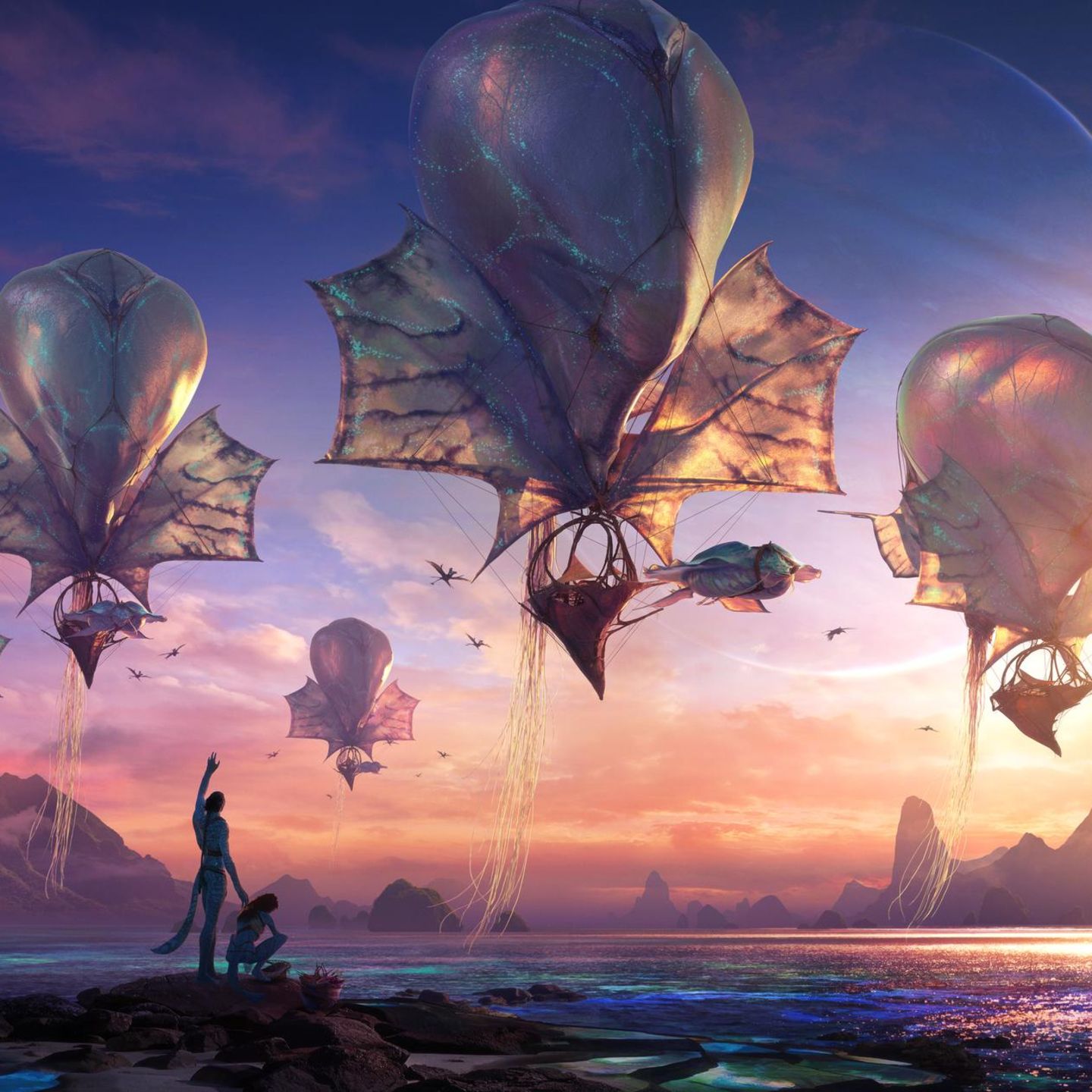 Filmszene mit außerirdischen Luftschiffen aus dem Film "Avatar: Fire and Ash"