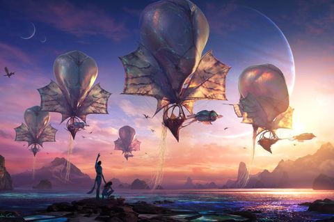 Filmszene mit außerirdischen Luftschiffen aus dem Film "Avatar: Fire and Ash"