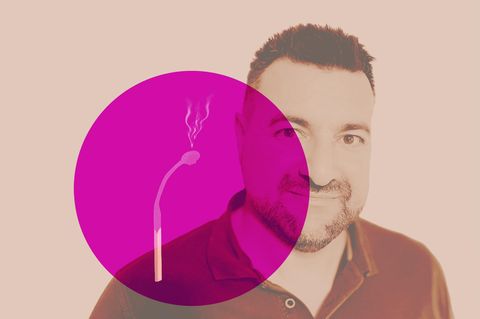 Burnout: Grafik eines abgebrannten Zündholzes, dahinter Porträt Orhan G.