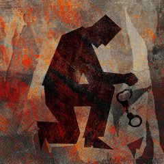 Illustration eines Knieenden Mannes mit Handschellen