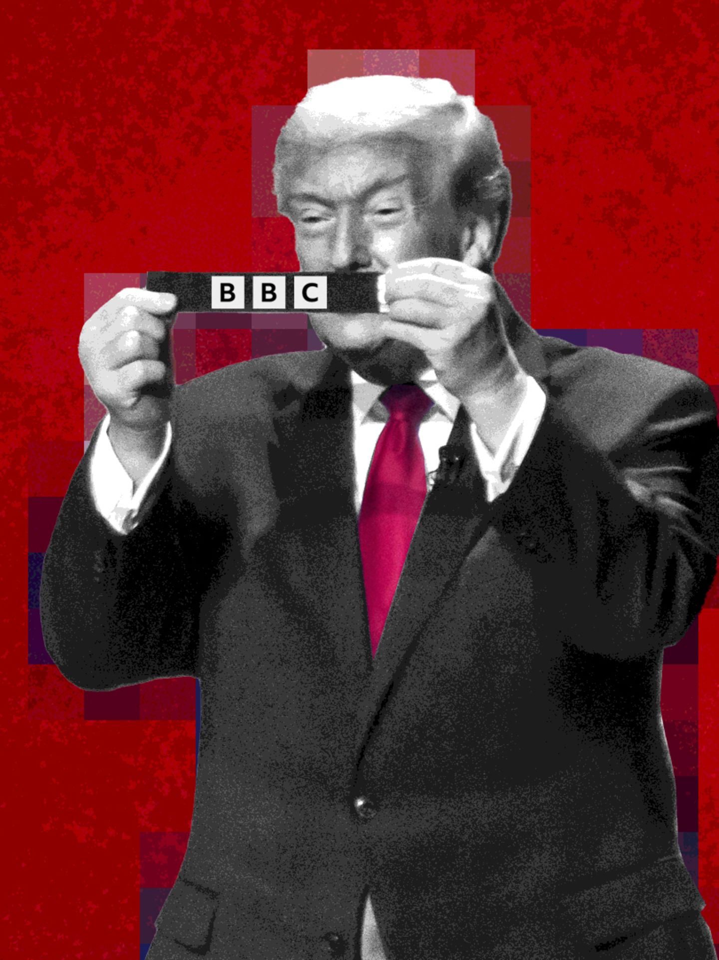 Trump-Illustration: er hält einen Zettel  hoch mit einem BBC-Logo