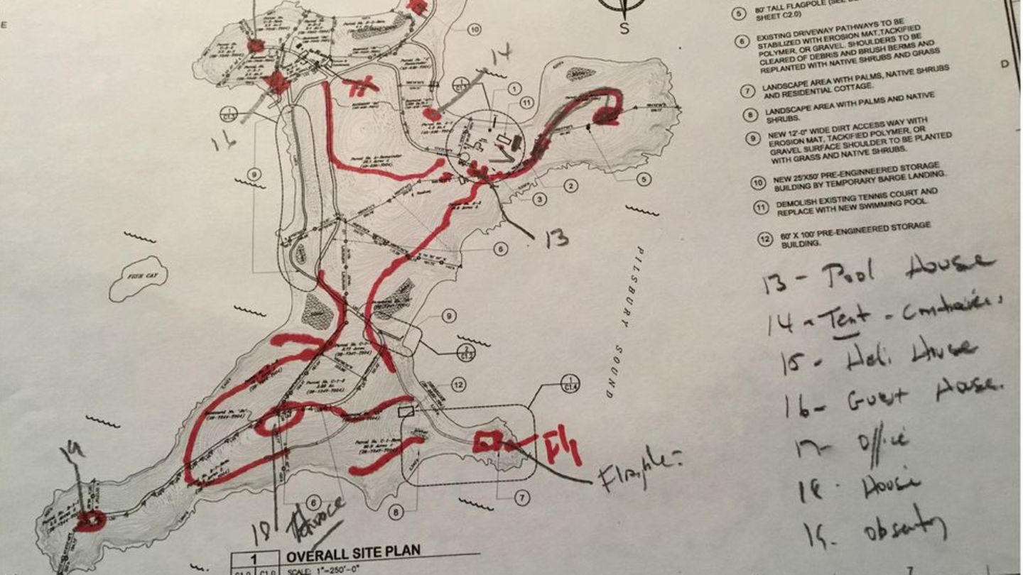 Karte Jeffey Epsteins Wohnsitz mit Notizen: die Karibikinsel Little Saint James