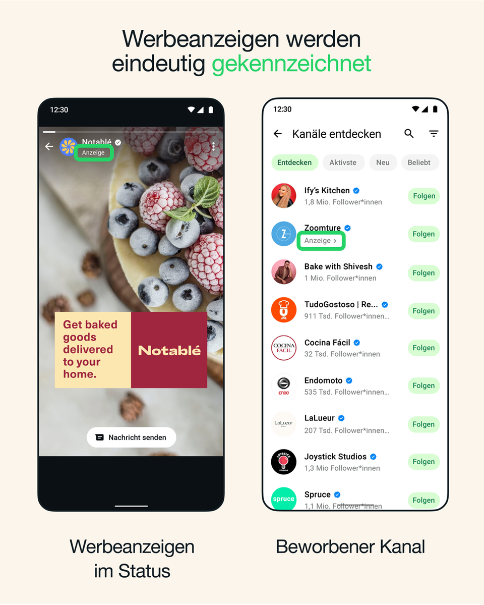 Beispielbilder zeigen, wie Werbung bei Whatsapp aussieht
