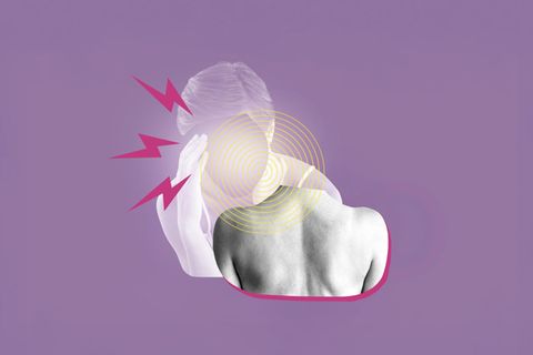 Illustration: Frau mit Migräne und eine Schulter mit Rücken