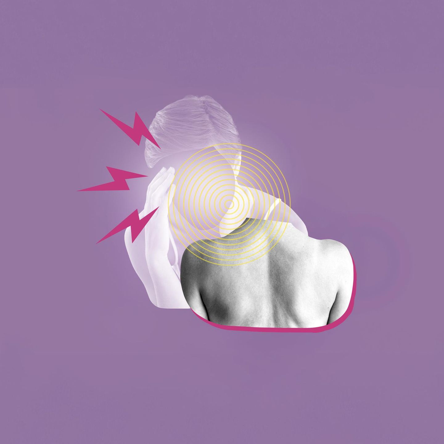 Illustration: Frau mit Migräne und eine Schulter mit Rücken