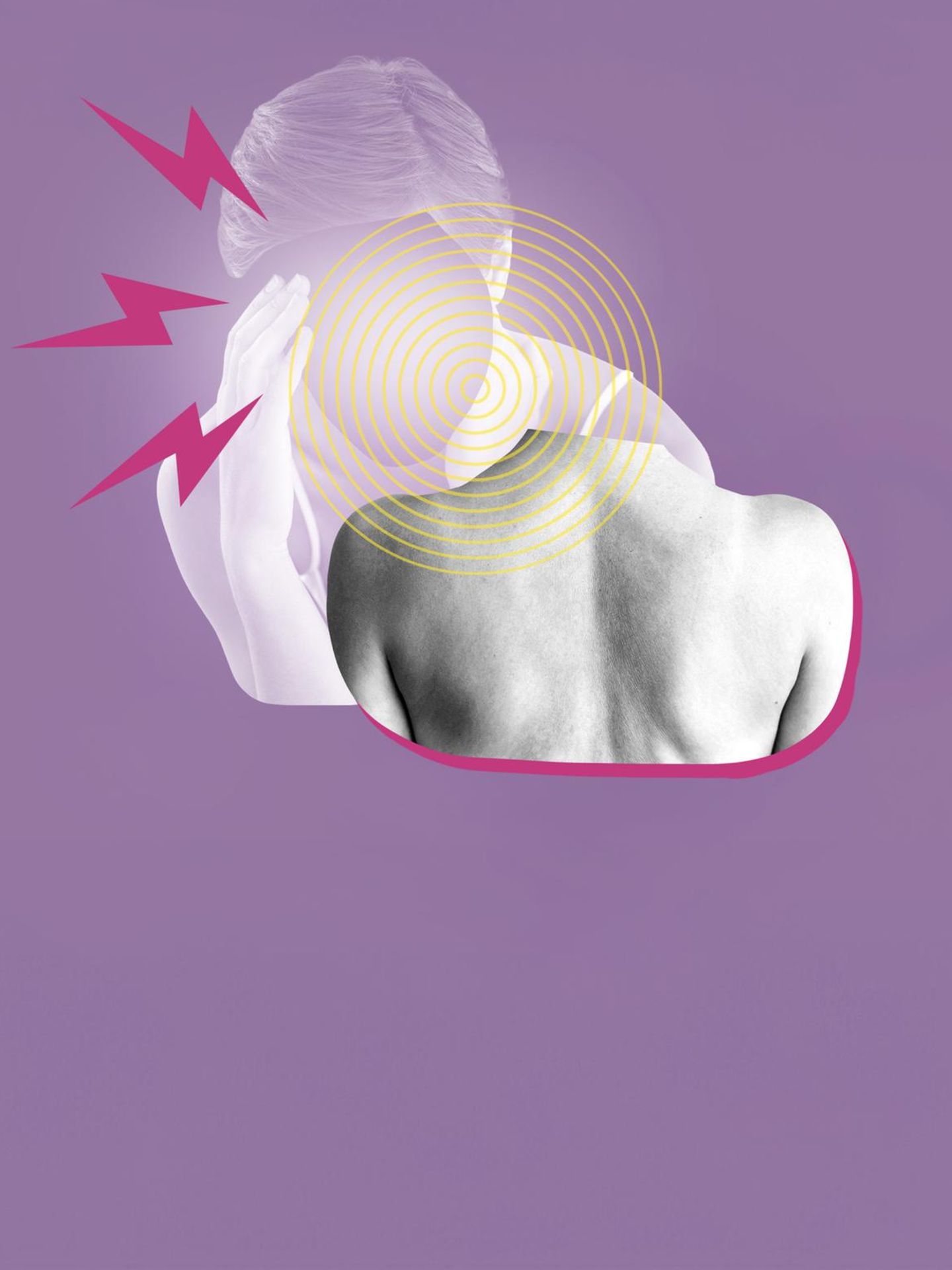 Illustration: Frau mit Migräne und eine Schulter mit Rücken