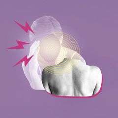 Illustration: Frau mit Migräne und eine Schulter mit Rücken