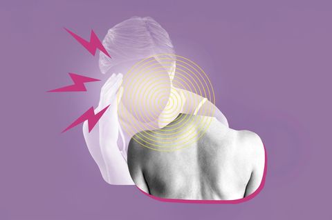 Illustration: Frau mit Migräne und eine Schulter mit Rücken