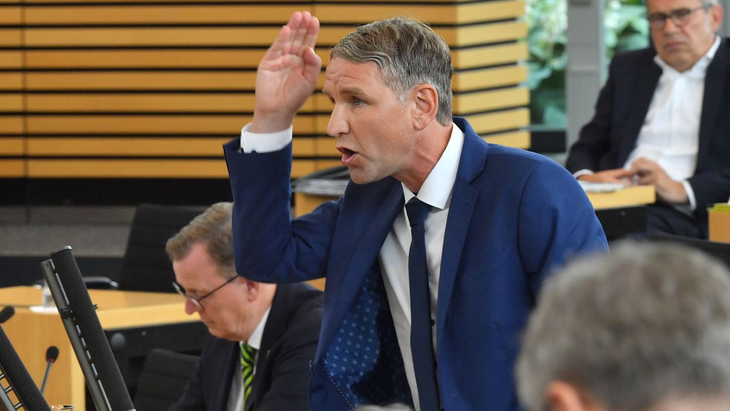 Die Thüringer AfD-Fraktion mit ihrem Vorsitzenden Björn Höcke fordert die Entlassung des Innenministers. (Archivbild) Foto: Mart