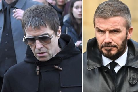 Liam Gallagher (l.) und David Beckham nahmen an der Beerdigung von Gary "Mani" Mounfield in Manchester teil.