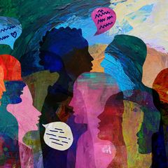 Gemalte Illustration verschiedener Menschen Köpfe, die reden mit Sprechblasen