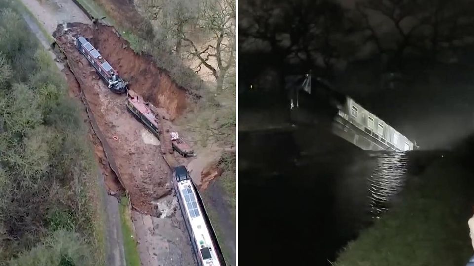 Ein Hausboot in England sackt in die Tiefe (r.)