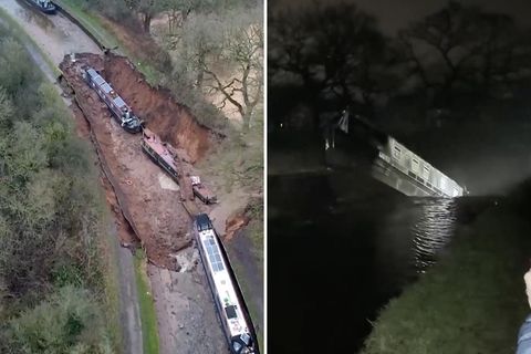 Ein Hausboot in England sackt in die Tiefe (r.)