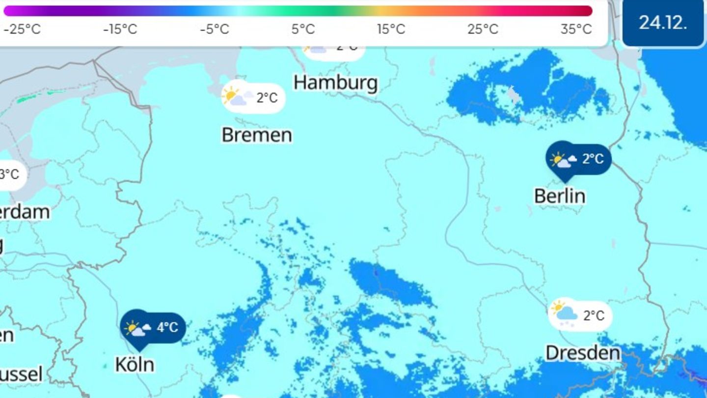 Eine Karte zeigt Wetter und Temperaturen