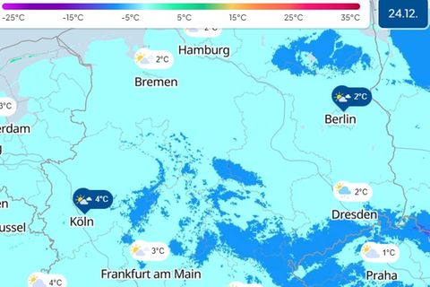 Eine Karte zeigt Wetter und Temperaturen
