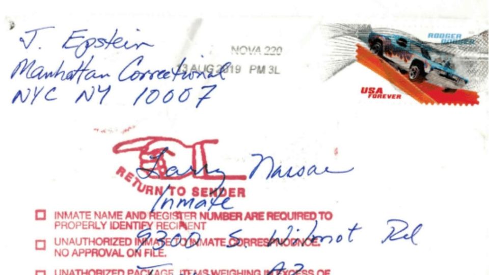Der Briefumschlag, der an Jeffrey Epstein zurückgeschickt wurde