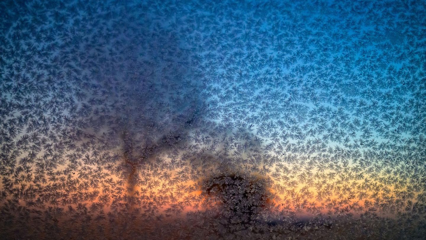 Lebus, Deutschland. Bei frostigen minus 11 Grad Celsius glitzern Eisblumen an einer Autoscheibe vor dem farbigen Morgenhimmel im östlichen Brandenburg. Frostige Temperaturen darf Deutschland an den Weihnachtstagen erwarten, wie der Deutsche Wetterdienst (DWD) mitteilt