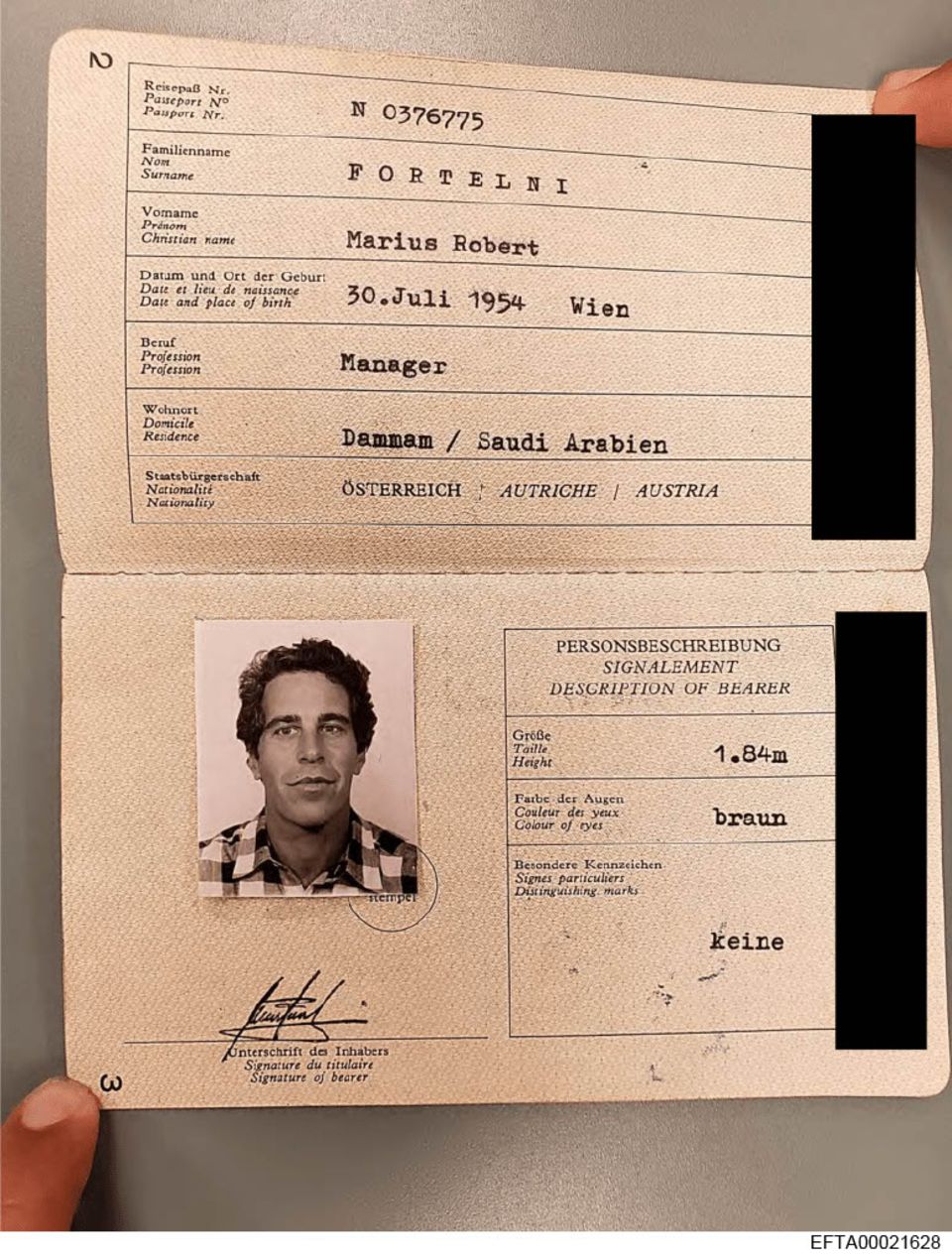 Vermeintlicher Reisepass von Jeffrey Epstein