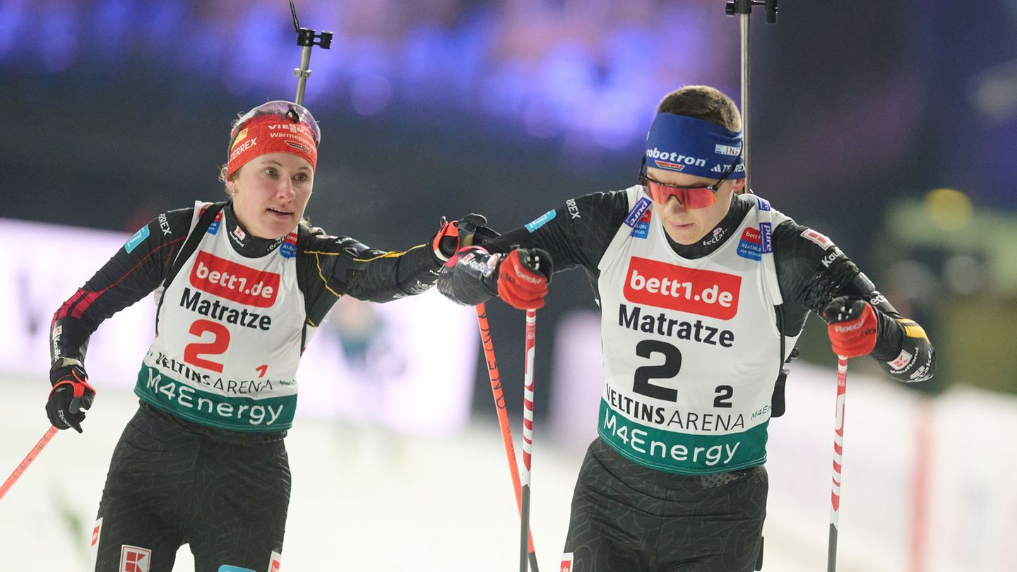 Das deutsche Team Justus Strelow und Janina Hettich-Walz beim Biathlon auf Schalke. Foto: Bernd Thissen/dpa