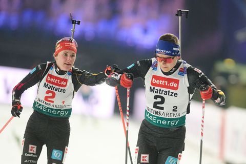 Das deutsche Team Justus Strelow und Janina Hettich-Walz beim Biathlon auf Schalke. Foto: Bernd Thissen/dpa