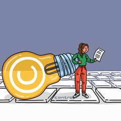 Symbolbild Allgemeinwissensquiz: Eine weibliche Comicfigur steht auf einer Tastatur und hält eine überdimensionale Glühbirne