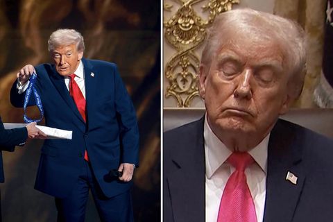 Donald Trump schnappt sich die FIFA-Friedensmedaille (l.) und schläft während einer Pressekonferenz (r.)