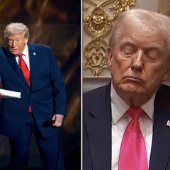 Donald Trump schnappt sich die FIFA-Friedensmedaille (l.) und schläft während einer Pressekonferenz (r.)