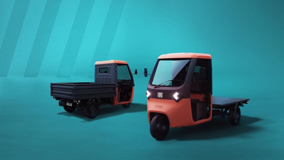 Seitenansicht des elektrischen Fiat Tris, der als kompaktes Nutzfahrzeug für den urbanen Lieferverkehr konzipiert ist