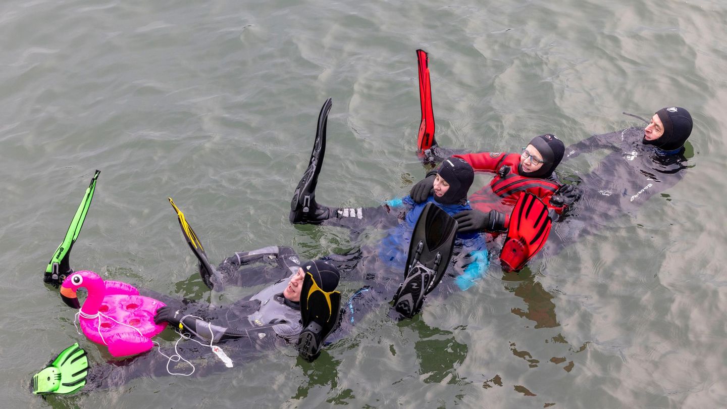 Teilnehmer schwimmen beim traditionellen "Silvesterstromschwimmen" im Rhein.