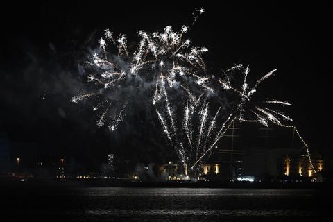 Das Feuerwerk auf der Hafeninsel fand am frühen Abend statt. Foto: Stefan Sauer/dpa