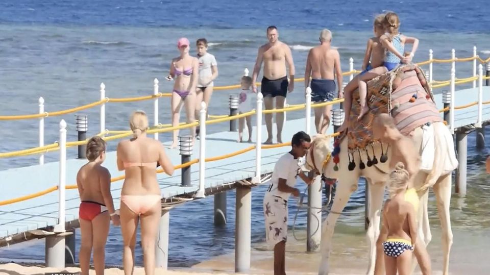 Ein Steg ins Meer mit Badegästen