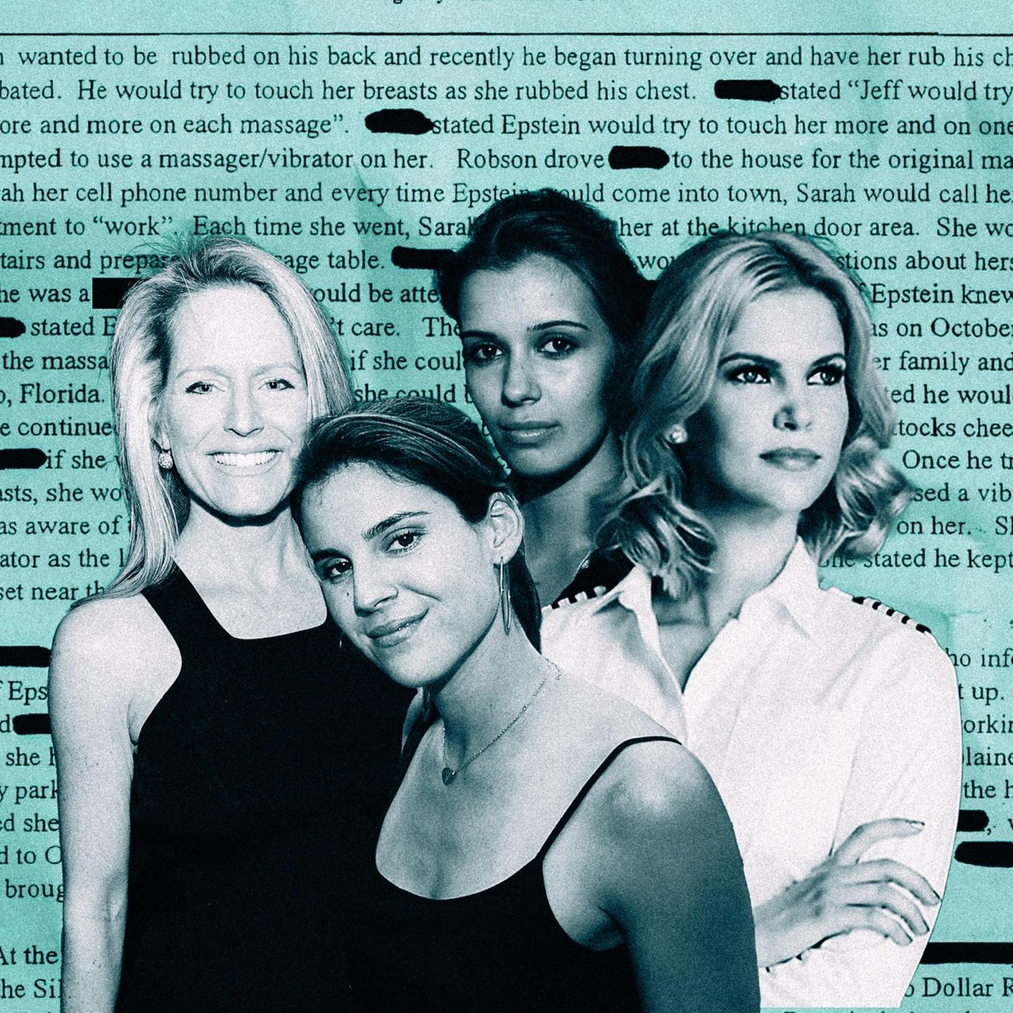 Vier Frauen, im Hintergrund eine Seite aus den Epstein-Akten