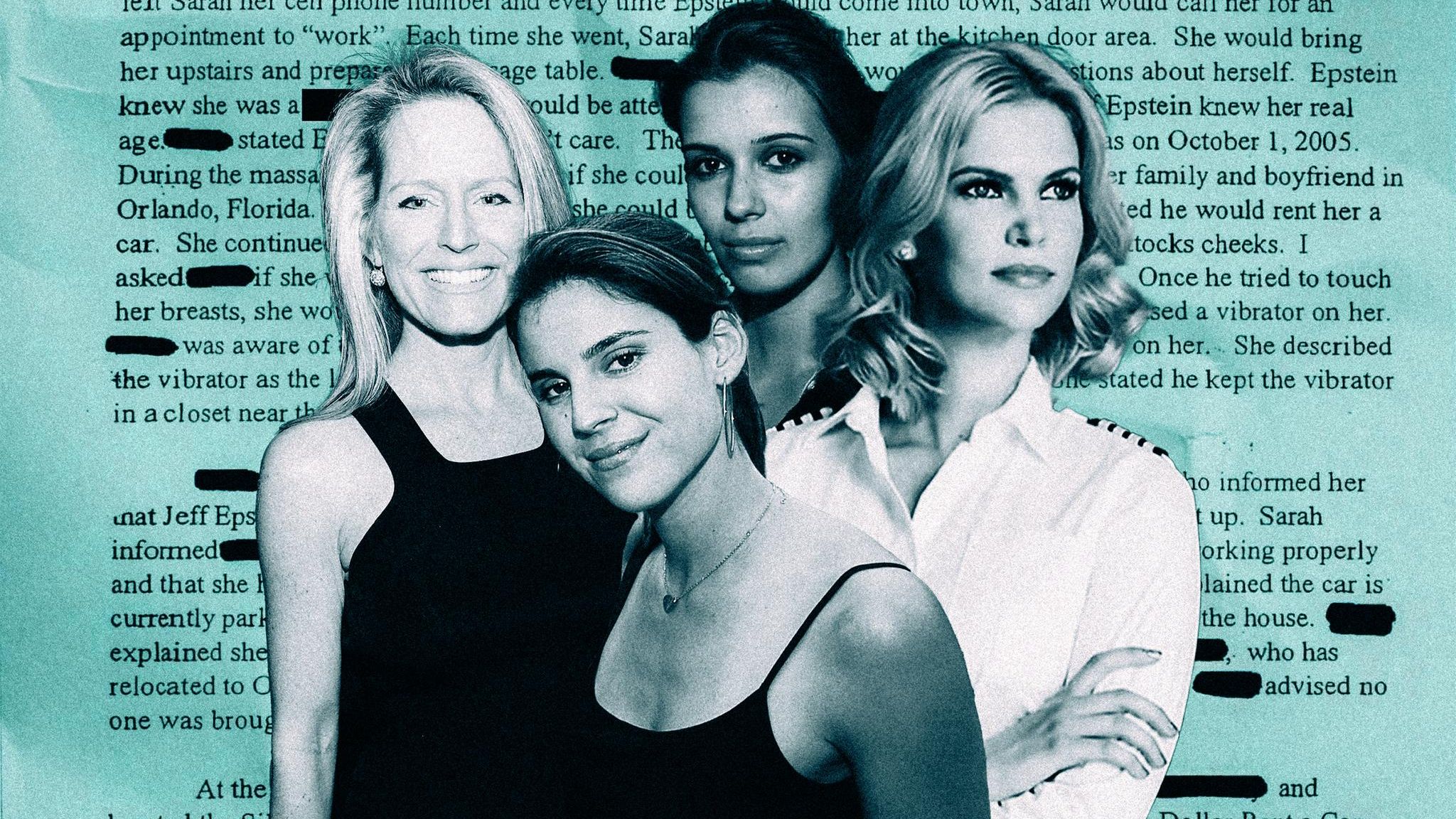 Vier Frauen, im Hintergrund eine Seite aus den Epstein-Akten