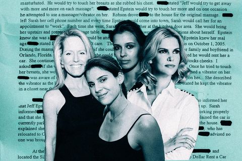 Vier Frauen, im Hintergrund eine Seite aus den Epstein-Akten