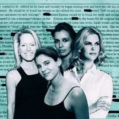 Vier Frauen, im Hintergrund eine Seite aus den Epstein-Akten