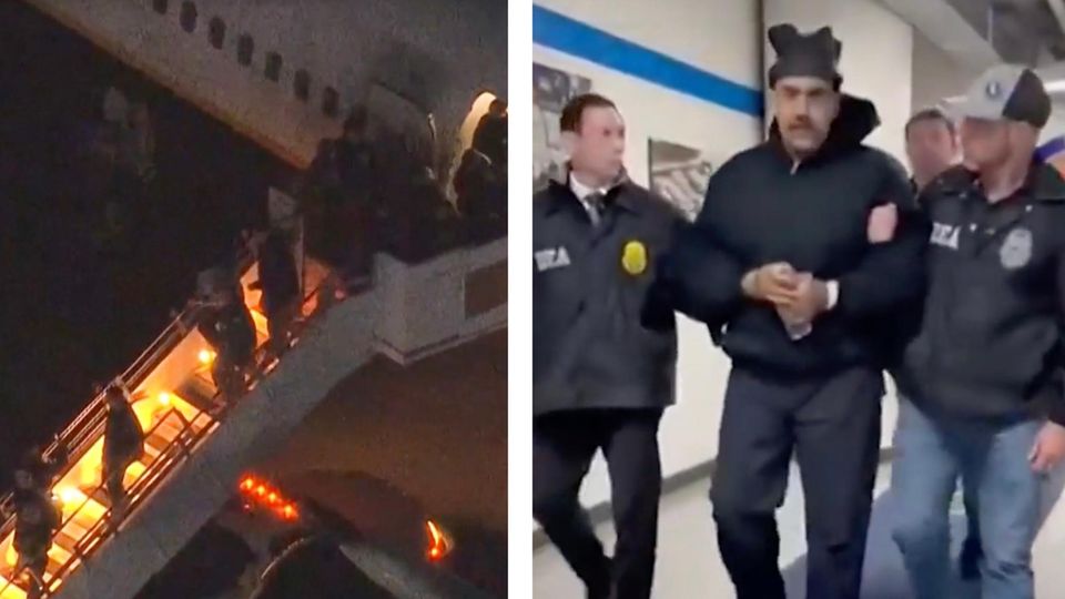 Maduro (l) auf einer Flugzeugrampe und (r) in New York.
