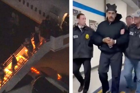 Maduro (l) auf einer Flugzeugrampe und (r) in New York.