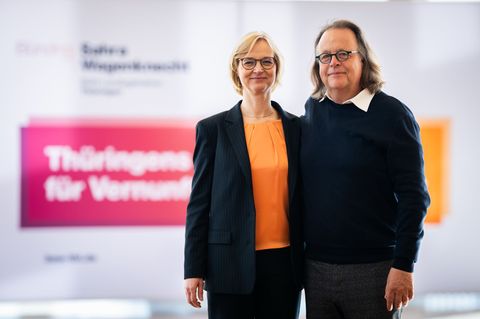 Die Landesvorsitzenden des BSW Thüringen, Katja Wolf und Gernot Süßmuth. (Archivbild) Foto: Jacob Schröter/dpa