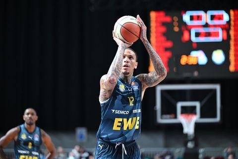 Treffsicher: Michale Kyser von den Baskets Oldenburg. Foto: Carmen Jaspersen/dpa