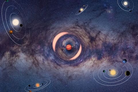 Die Illustration zeigt einen frei schwebenden Planeten, der das Licht eines dahinter liegenden Sterns ablenkt - ähnlich wie bei