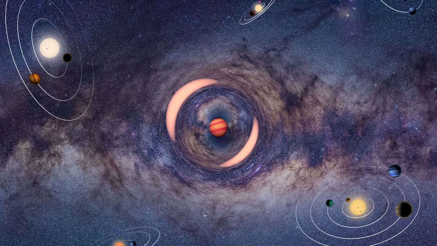 Die Illustration zeigt einen frei schwebenden Planeten, der das Licht eines dahinter liegenden Sterns ablenkt - ähnlich wie bei