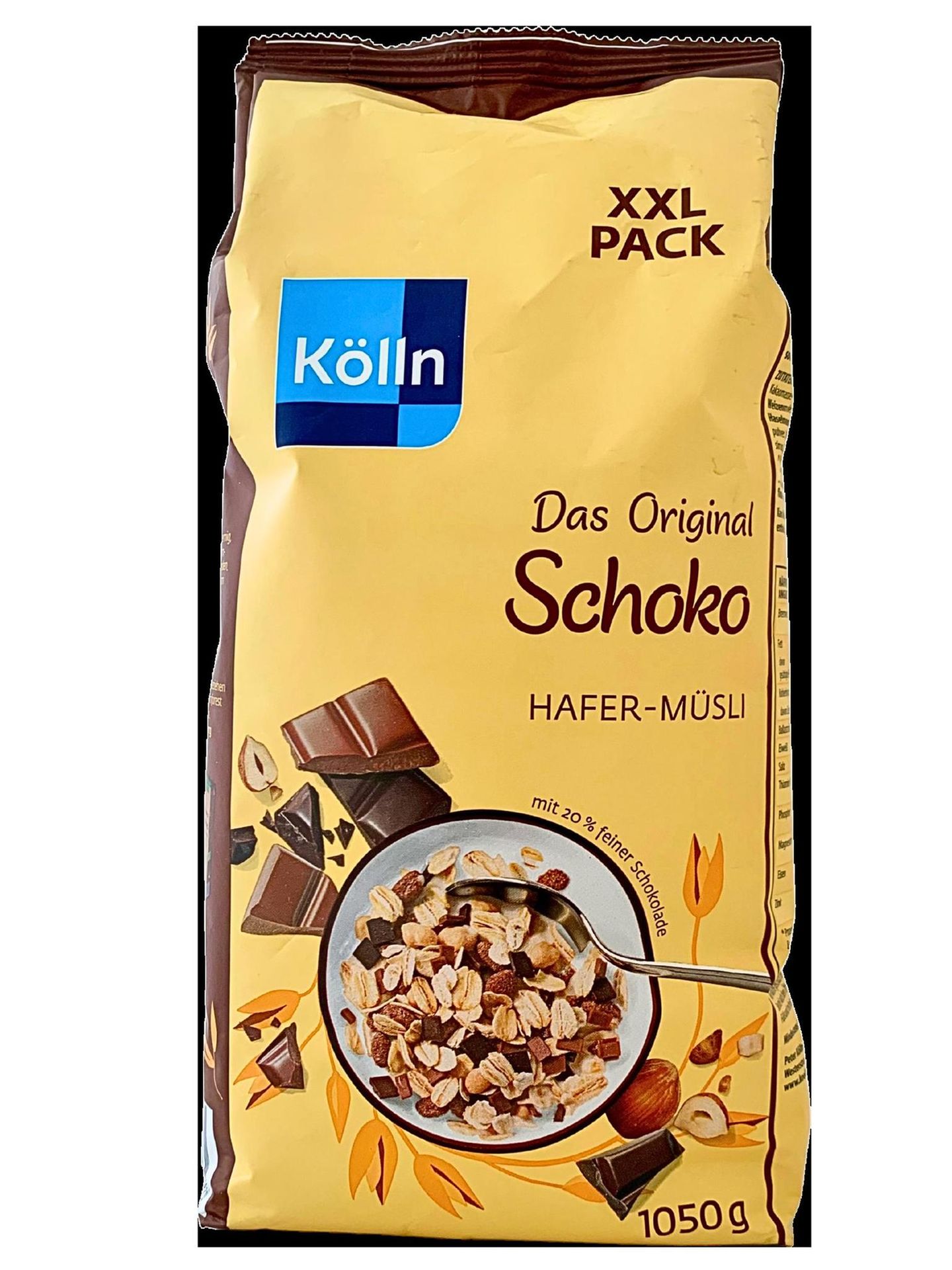 "XXL-Pack" steht auf dem Schoko-Hafer-Müsli von Kölln. Dieses ist tatsächlich aber deutlich kleiner als das vorher verkaufte "Vorratspack" (1050 statt 1700 Gramm). Die versteckte Preiserhöhung beträgt laut Verbraucherzentrale 30 Prozent. Hersteller Kölln erklärt: "Die XXL-Verpackung ist leichter zu handhaben und trifft den Bedarf moderner Haushalte – insbesondere von Kleinfamilien, Senior:innen, kleineren Haushalten und Singles."