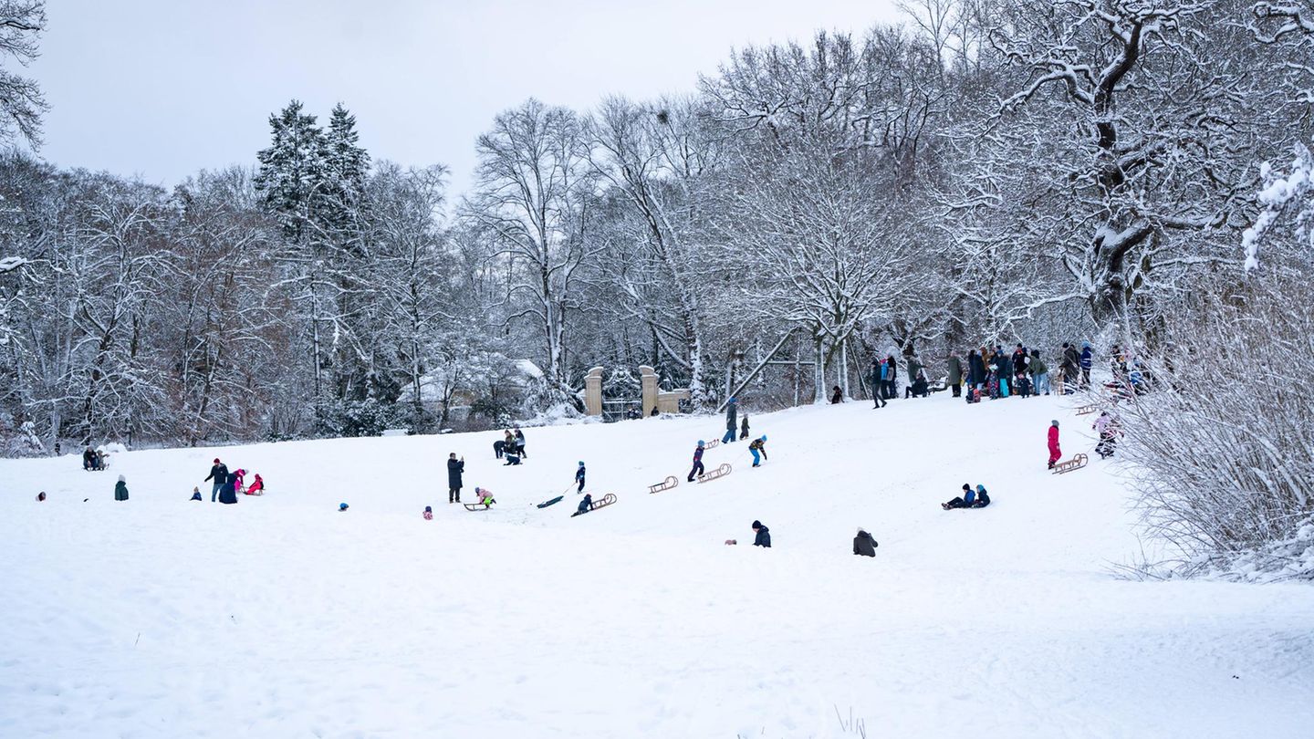 Rodelnde Kinder und Erwachsene im verschneiten Park