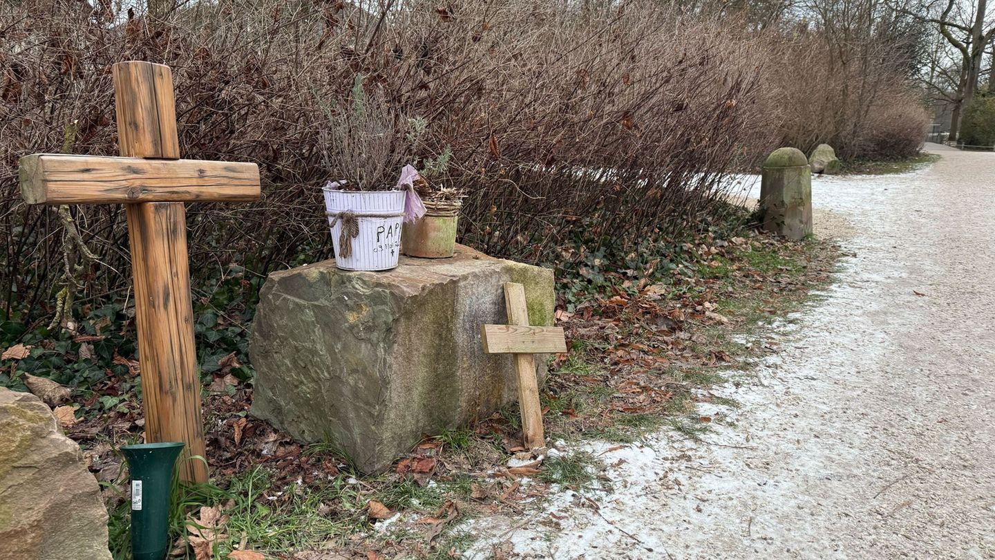 Nahe des Tatortes im Schlosspark von Wiesbaden-Biebrich erinnern Kreuze an das Opfer. Foto: Andrea Löbbecke/dpa