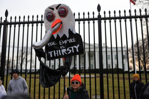 Eine Demonstrantin vor dem Weißen Haus hält ein Schild mit dem Spruch "The Empire is thirsty"